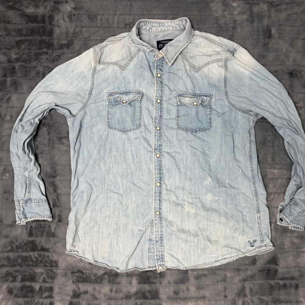 American Eagle Mens XXXL Light Wash Denim Western Pearl Snap Shirt Vintage Fit